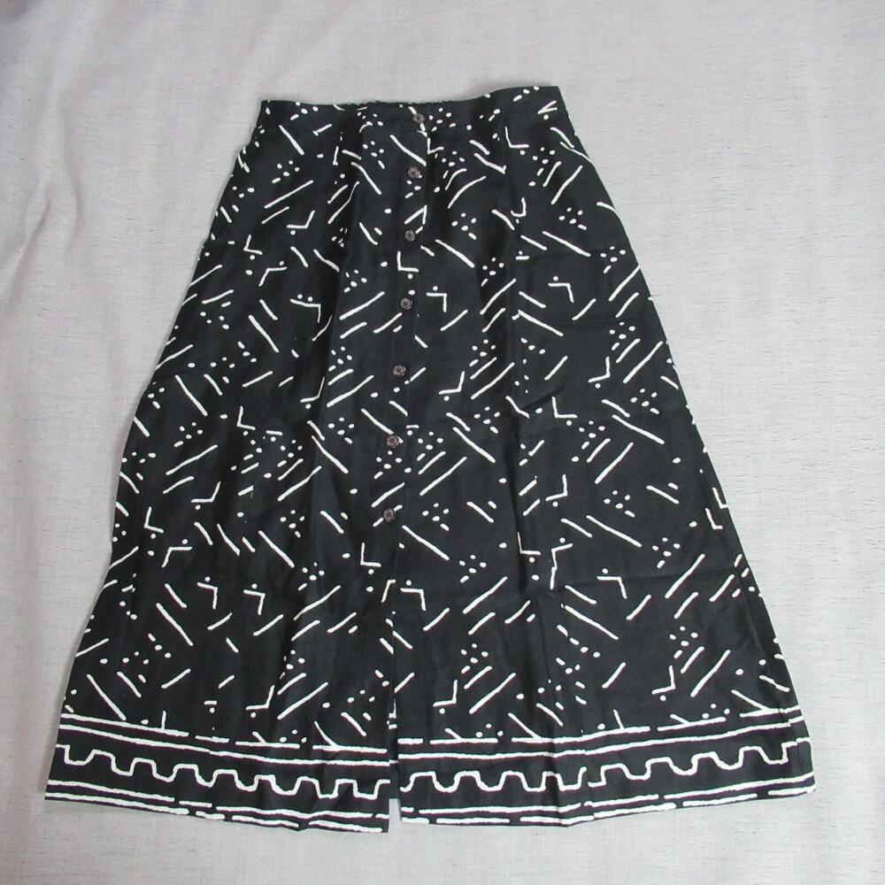 WHISTLES Skirt Womens Sz 8 Black Kuba Print 100% Linen Button Front Midi Tribal